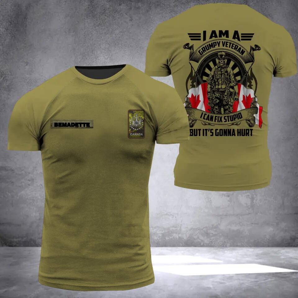 Personalized I Am A Canadian Grumpy Veteran I Can Fix Stupid Rank Flag 3D Printed Tshirt QTHQ0512