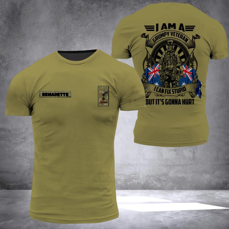 Personalized I Am An Australian Grumpy Veteran I Can Fix Stupid Rank Flag 3D Printed Tshirt QTHQ0512