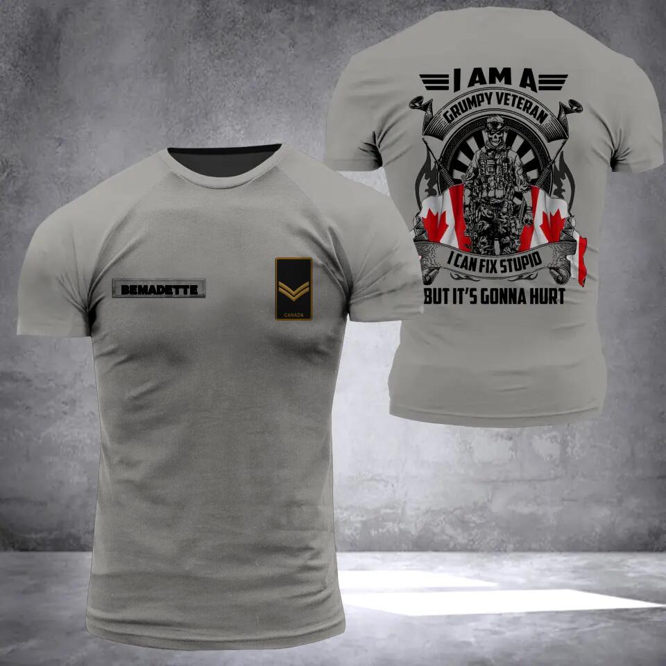Personalized I Am A Canadian Grumpy Veteran I Can Fix Stupid Rank Flag 3D Printed Tshirt QTHQ0512