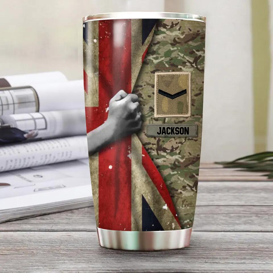 Personalized UK Solider/Veteran Flag Rank Camo Tumbler Printed 22DEC-HY06