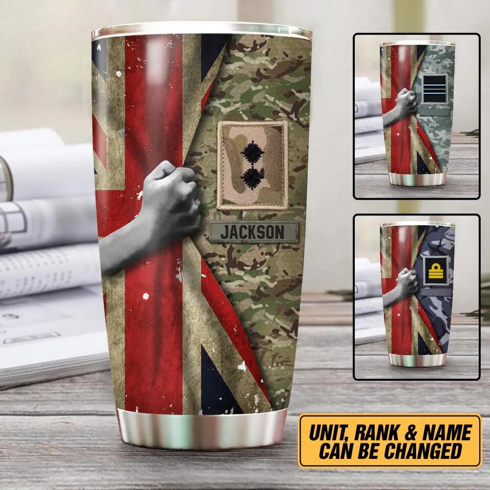 Personalized UK Solider/Veteran Flag Rank Camo Tumbler Printed 22DEC-HY06