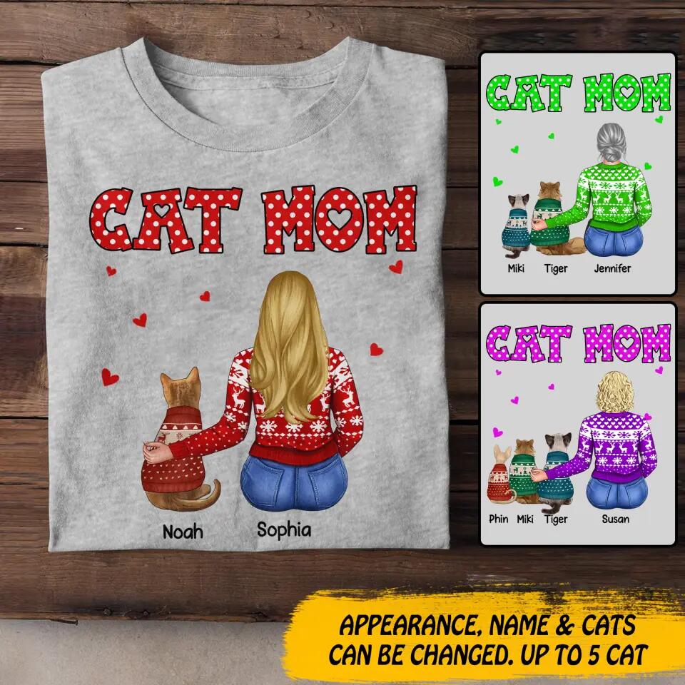 Personalized Cat Mom Christmas Tshirt Printed 22DEC-DT09