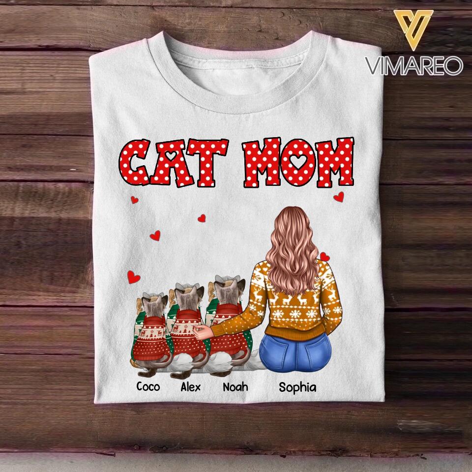 Personalized Cat Mom Christmas Tshirt Printed 22DEC-DT09
