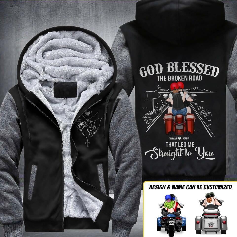 Personalized God Blessed The Broken Road That Led Me Straight To You Motobike Couple Printed Fleece Hoodie PNDT0912