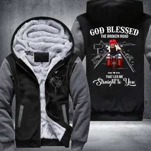 Personalized God Blessed The Broken Road That Led Me Straight To You Motobike Couple Printed Fleece Hoodie PNDT0912