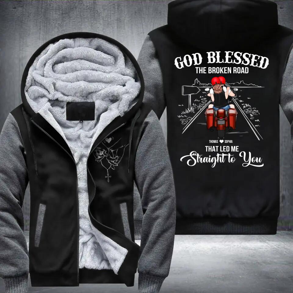 Personalized God Blessed The Broken Road That Led Me Straight To You Motobike Couple Printed Fleece Hoodie PNDT0912