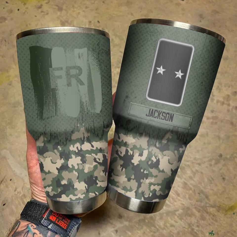 Personalized French Solider/ Veteran With Camo Rank Flag Tumbler 30oz Printed 22DEC-DT10