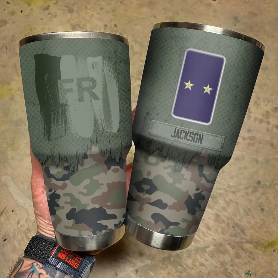 Personalized French Solider/ Veteran With Camo Rank Flag Tumbler 30oz Printed 22DEC-DT10