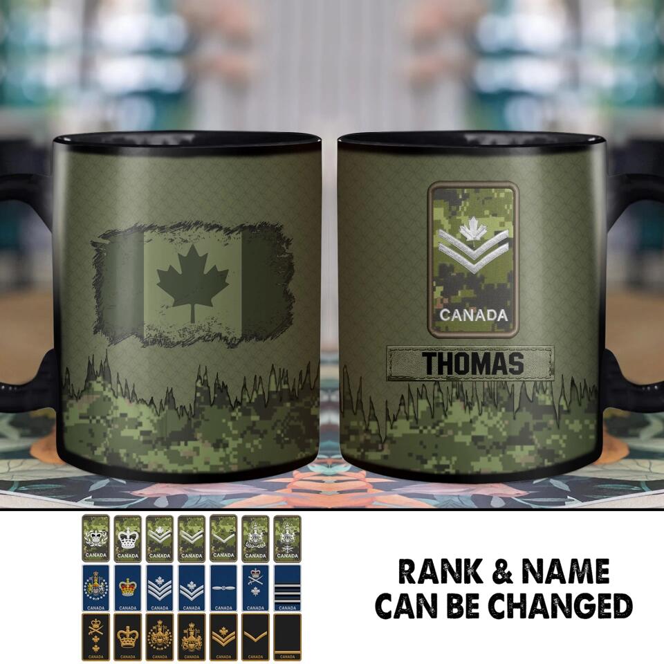 Personalized Canadian Solider/ Veteran With Rank Flag Camo Printed Black Mug Printed 22DEC-HY16