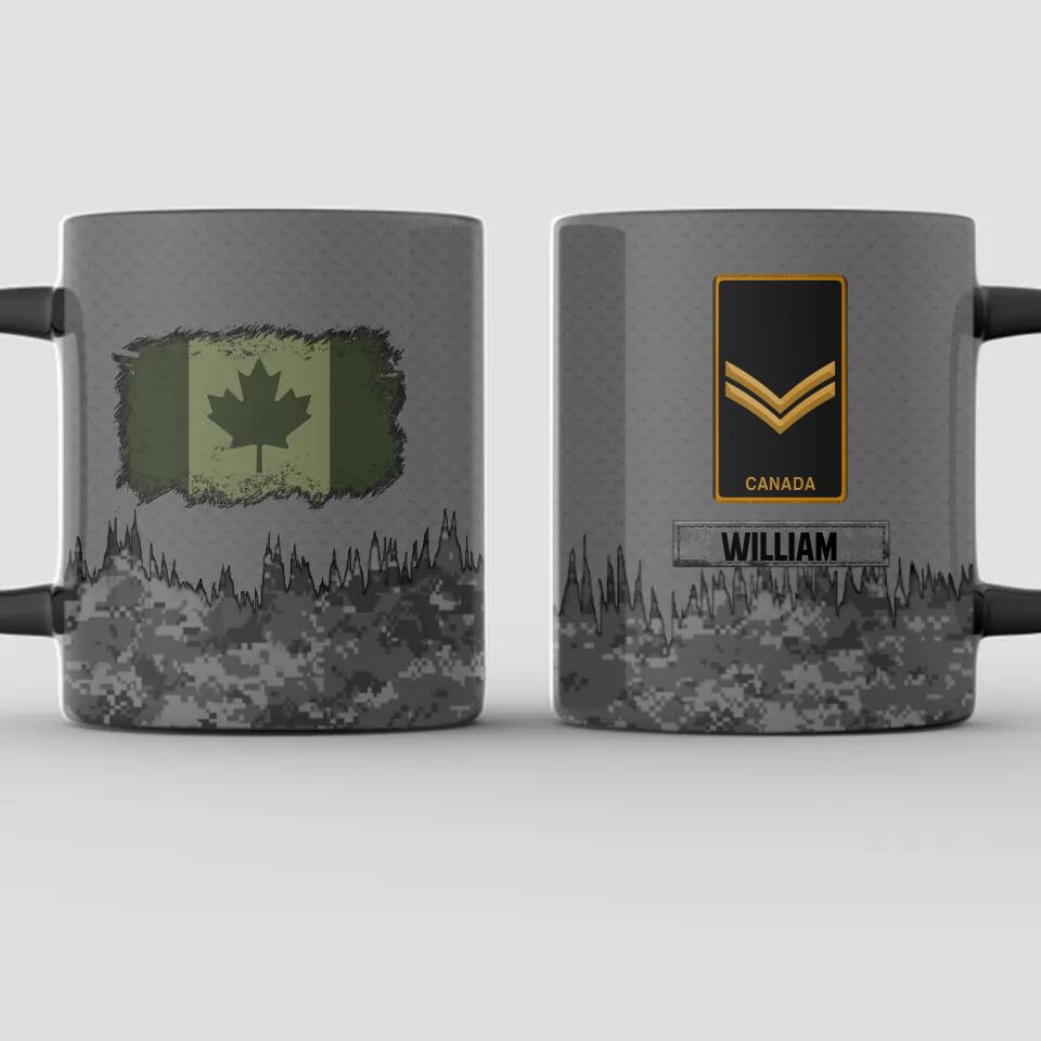 Personalized Canadian Solider/ Veteran With Rank Flag Camo Printed Black Mug Printed 22DEC-HY16