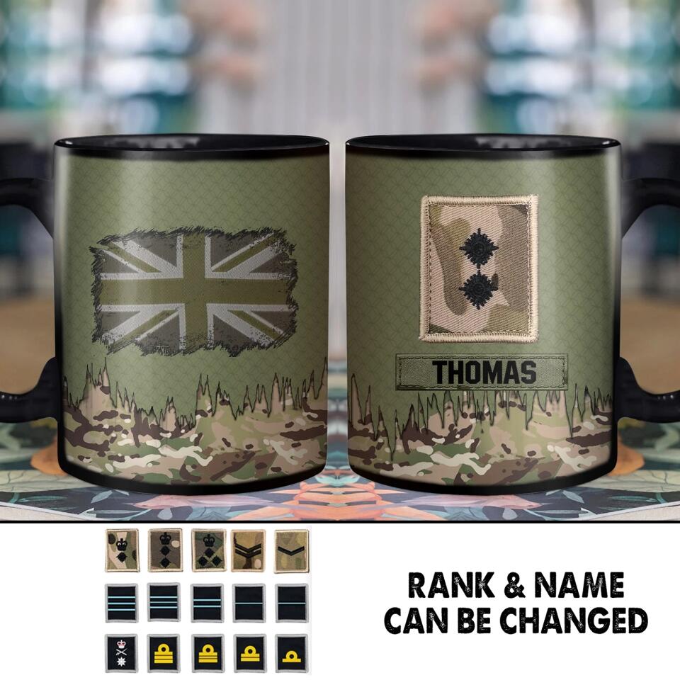 Personalized UK  Solider/ Veteran With Rank Flag Camo Printed Black Mug Printed 22DEC-HY16
