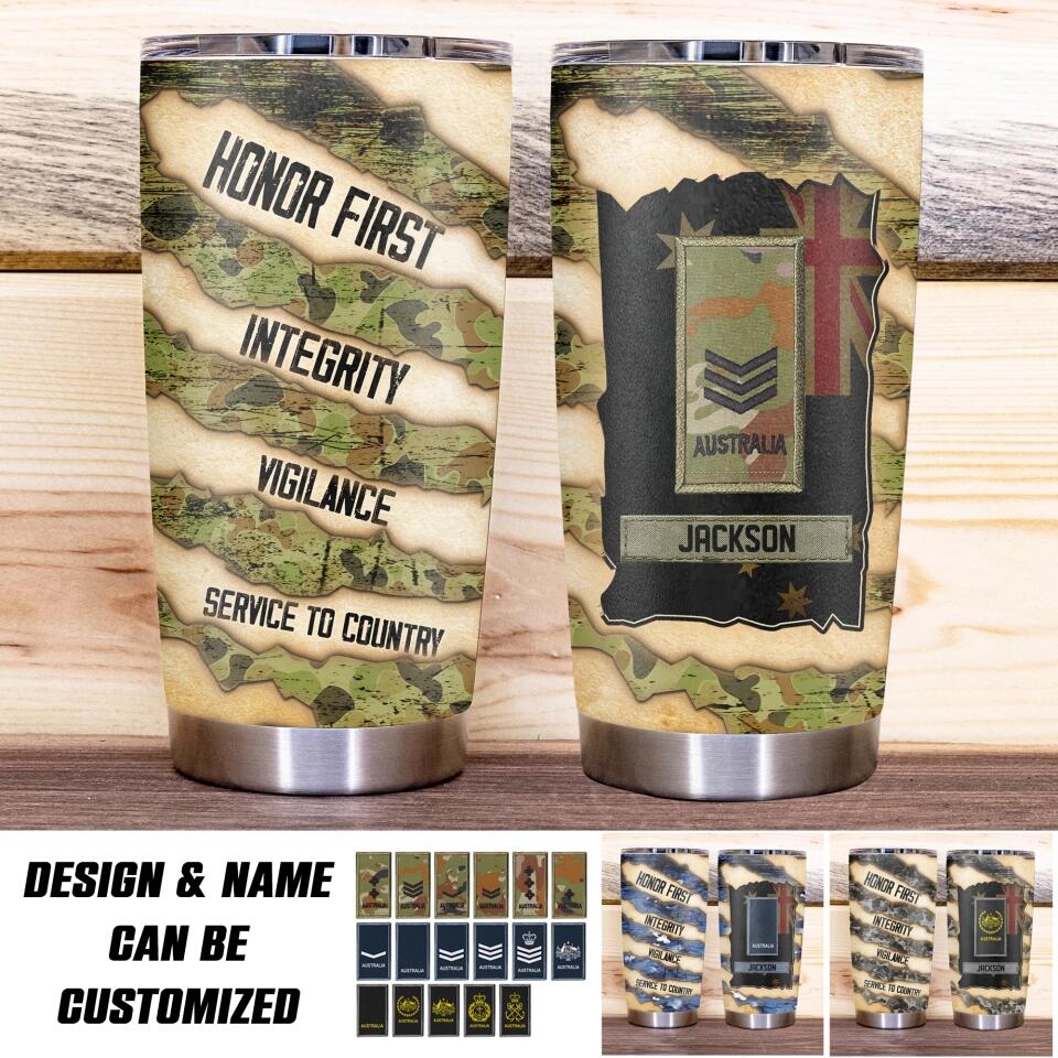 Personalized Australian Solider/ Veteran Honor First Integrity Vigilance Service To Country   Camo Tumbler Printed QTHQ1912
