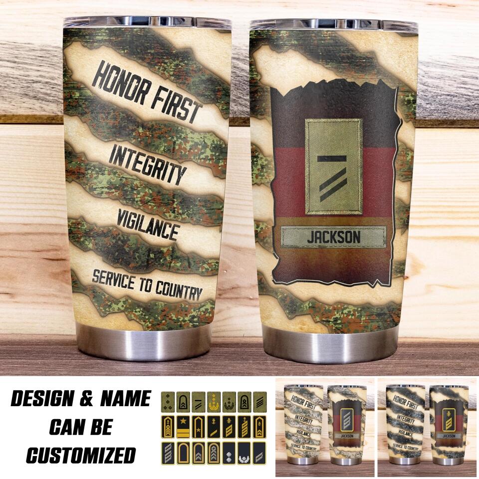 Personalized German Solider/ Veteran Honor First Integrity Vigilance Service To Country   Camo Tumbler Printed QTHQ1912