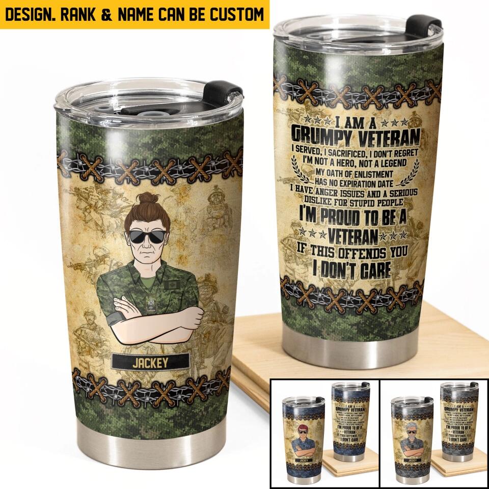 Personalized I Am A Canadian Grumpy Veteran I'm Proud To Be A Veteran Man With Rank Camo Tumbler Printed 22DEC-HQ22