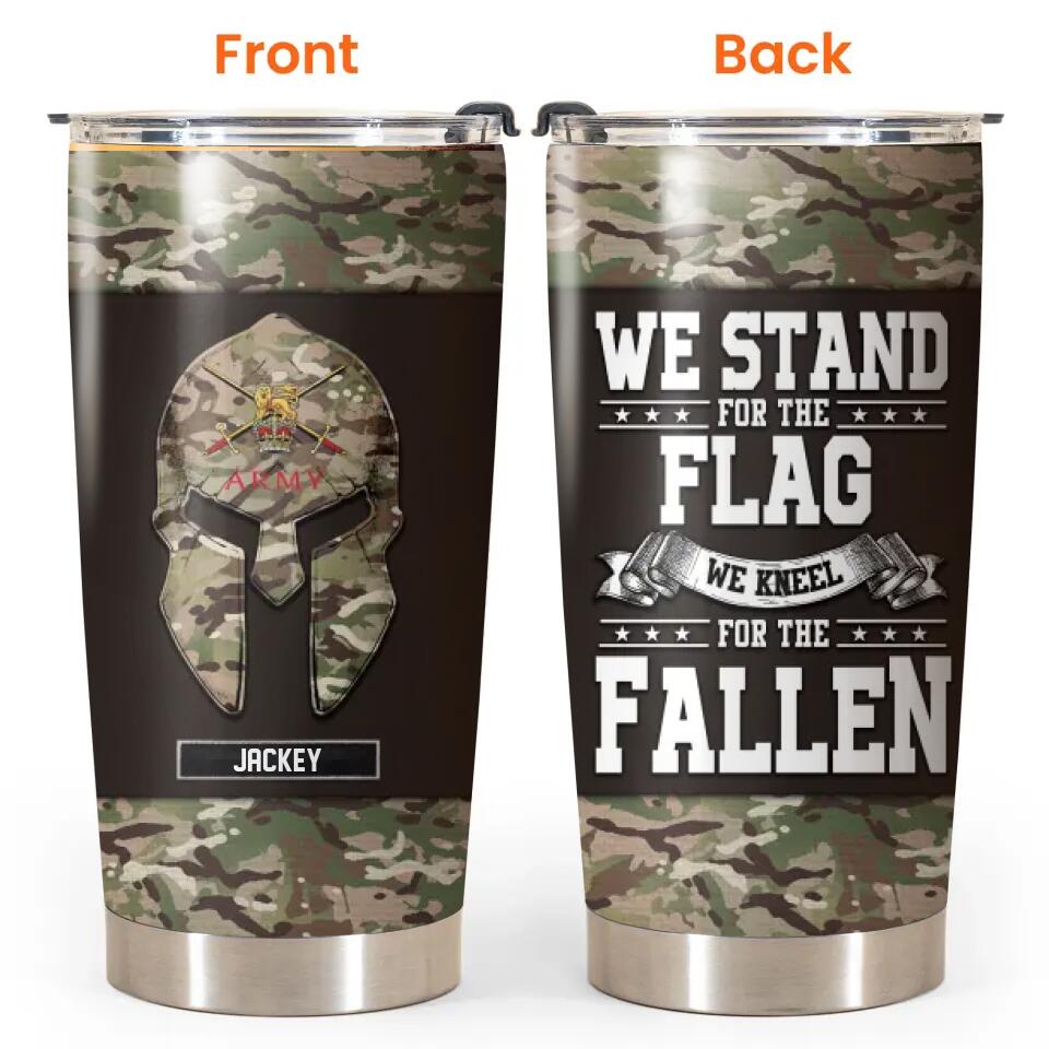 Personalized We Stand For The Flag We Kneel For The Fallen UK Veteran/Soldier Camo Tumbler Printed QTHQ2212