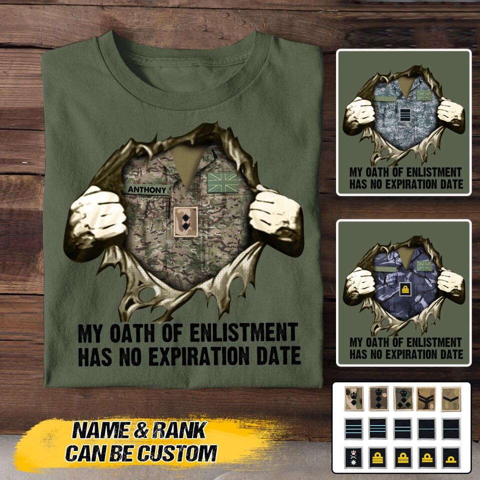 Personalized UK Soldier/ Veteran My Oath Of Enlistment Has No Expiration Date Rank Camo  Tshirt Printed 22DEC-HY24