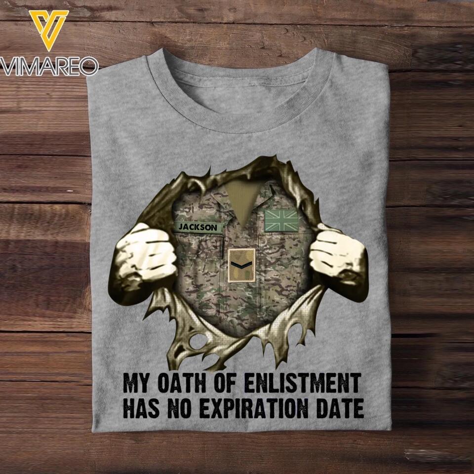 Personalized UK Soldier/ Veteran My Oath Of Enlistment Has No Expiration Date Rank Camo  Tshirt Printed 22DEC-HY24