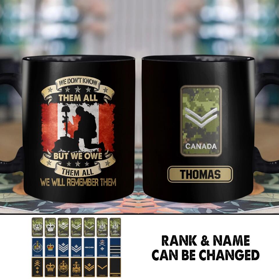 Personalized We Don't Know Them All But We Owe Them All  We Will Remember Them Canadian Soldier/ Veteran Rank Camo Black Mug Printed 22DEC-HY26