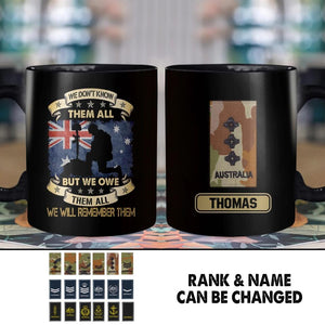 Personalized We Don't Know Them All But We Owe Them All  We Will Remember Them Australian Soldier/ Veteran Rank Camo Black Mug Printed 22DEC-HY26
