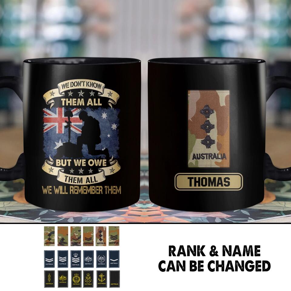 Personalized We Don't Know Them All But We Owe Them All  We Will Remember Them Australian Soldier/ Veteran Rank Camo Black Mug Printed 22DEC-HY26