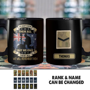 Personalized We Don't Know Them All But We Owe Them All  We Will Remember Them UK Soldier/ Veteran Rank Camo Black Mug Printed 22DEC-HY26