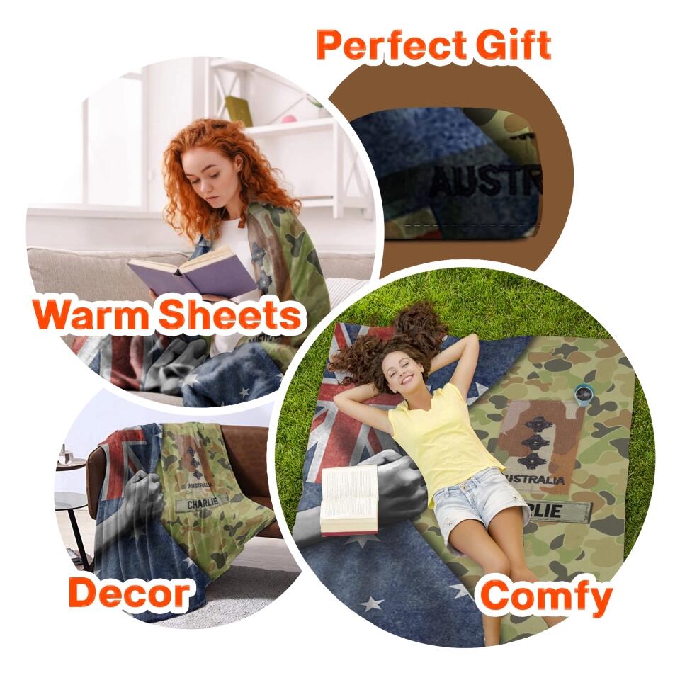 Personalized Australian Veteran/Soldier Rank Camo Quilt Blanket Printed 22DEC-HY27