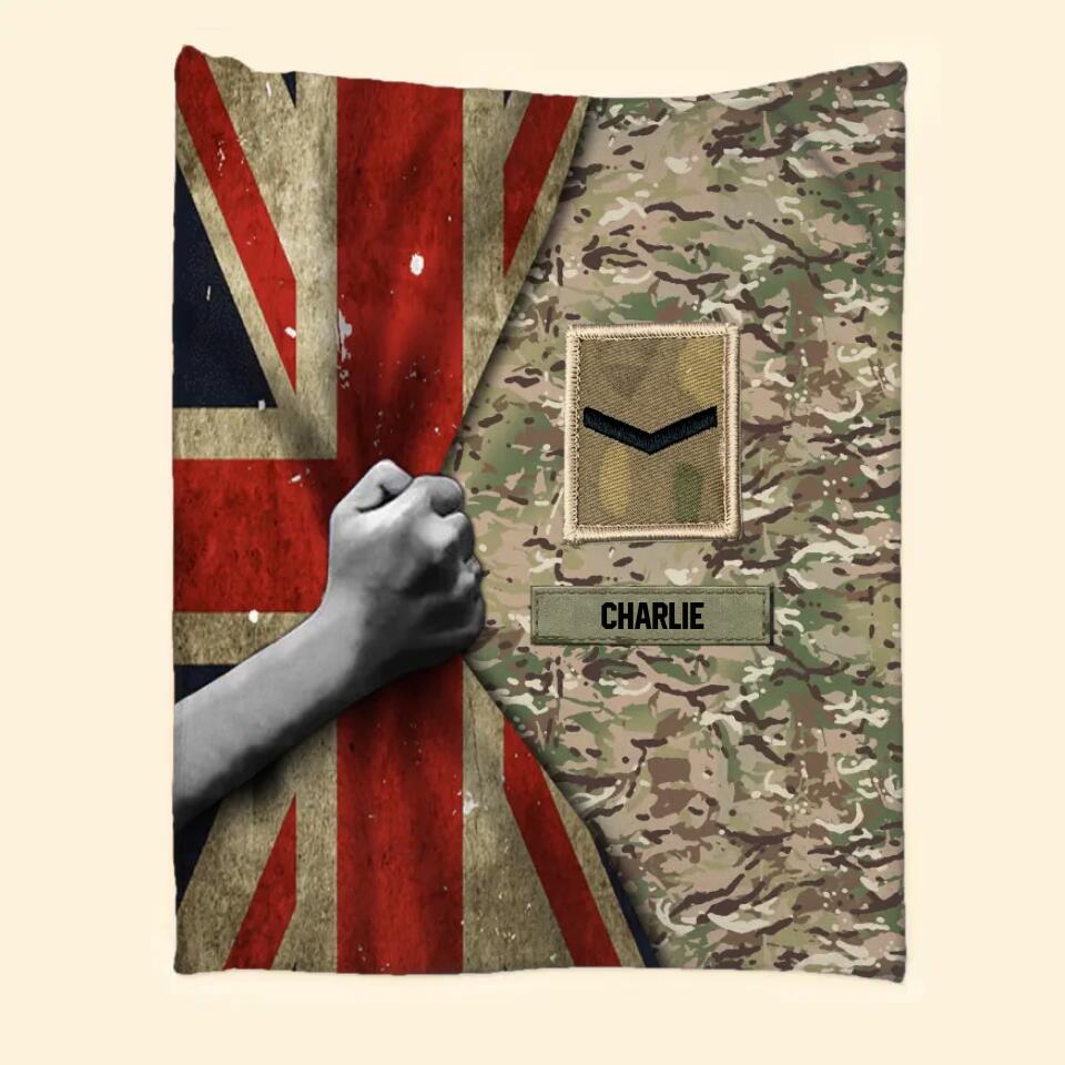 Personalized UK Veteran/Soldier Rank Camo Quilt Blanket Printed 22DEC-HY27
