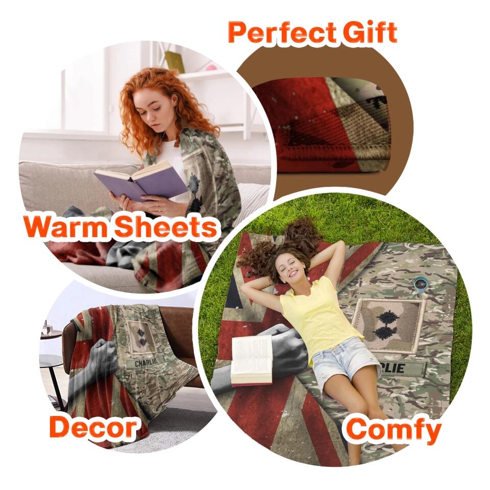 Personalized UK Veteran/Soldier Rank Camo Quilt Blanket Printed 22DEC-HY27