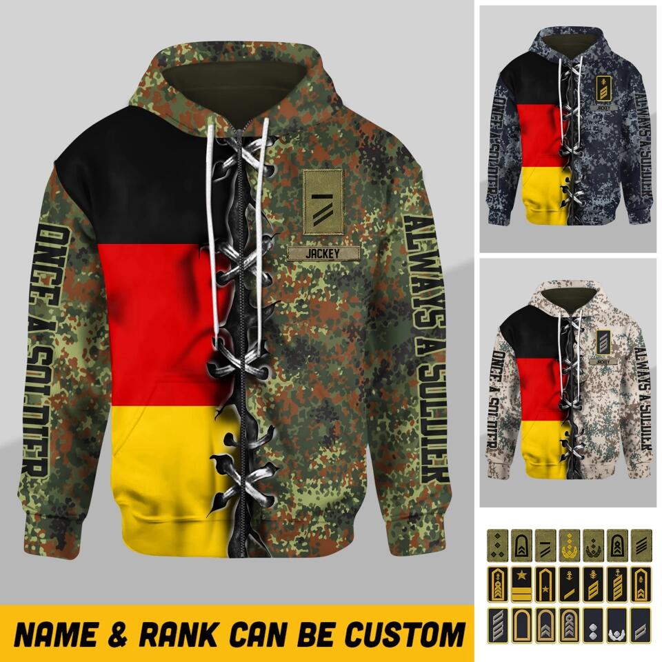 Personalized Once A Soldier Always A Soldier German Solider/ Veteran With Rank & Name Zip Hoodie 3D Printed QTHQ0901