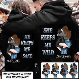 Personalized He Keeps Me Safe She Keeps Me Wife Couple Hoodie Printed Valentine's Day Gift 23JAN-VD13