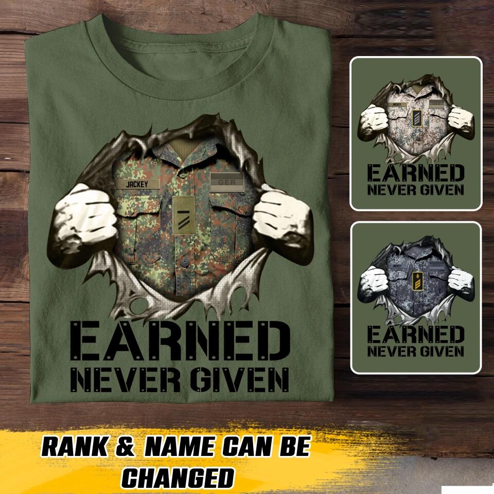Personalized German Soldier/ Veteran Earned Never Given Rank Camo Tshirt Printed 23JAN-HQ13