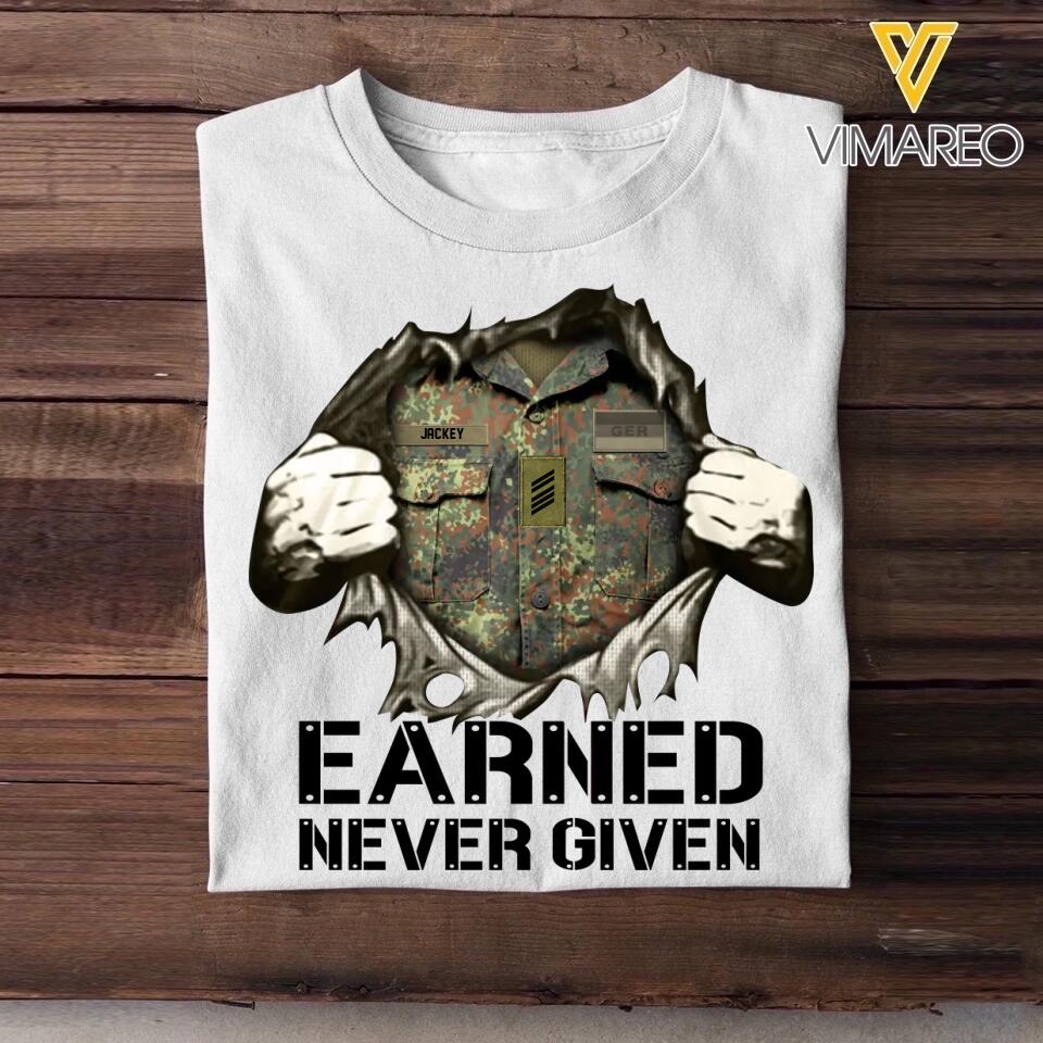 Personalized German Soldier/ Veteran Earned Never Given Rank Camo Tshirt Printed 23JAN-HQ13