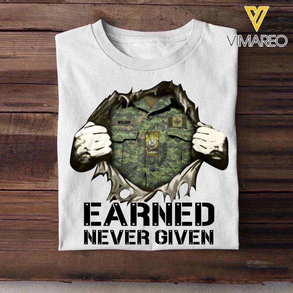 Personalized Canadian Soldier/ Veteran Earned Never Given Rank Camo Tshirt Printed 23JAN-HQ13