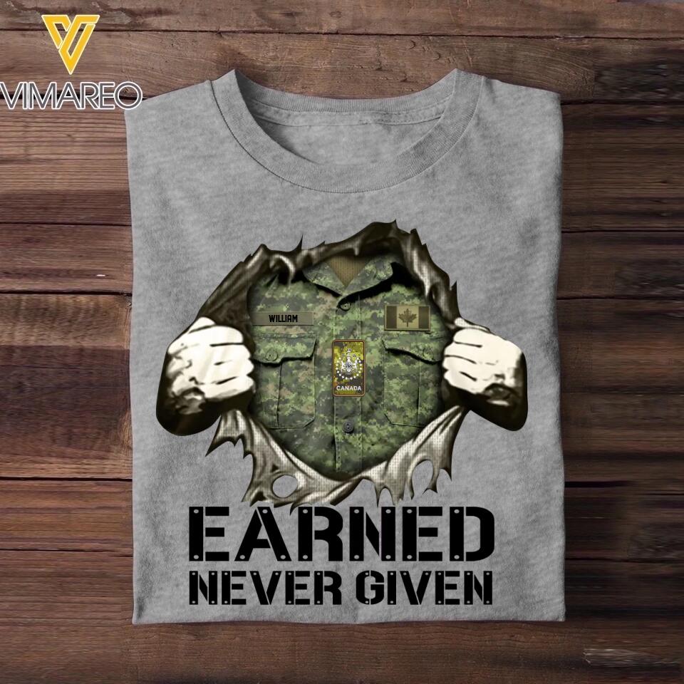Personalized Canadian Soldier/ Veteran Earned Never Given Rank Camo Tshirt Printed 23JAN-HQ13