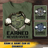 Personalized Canadian Soldier/ Veteran Earned Never Given Rank Camo Tshirt Printed 23JAN-HQ13