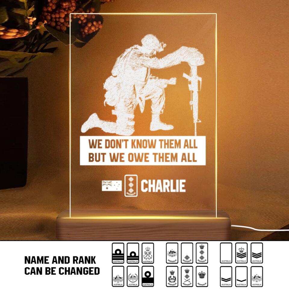 Personalized Australian Soldier/ Veteran We Don't Know Them All But We Owe Them All Rank Led Lamp Printed 23JAN-HY14
