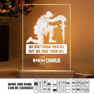 Personalized Canadian Soldier/ Veteran We Don't Know Them All But We Owe Them All Rank Led Lamp Printed 23JAN-HY14