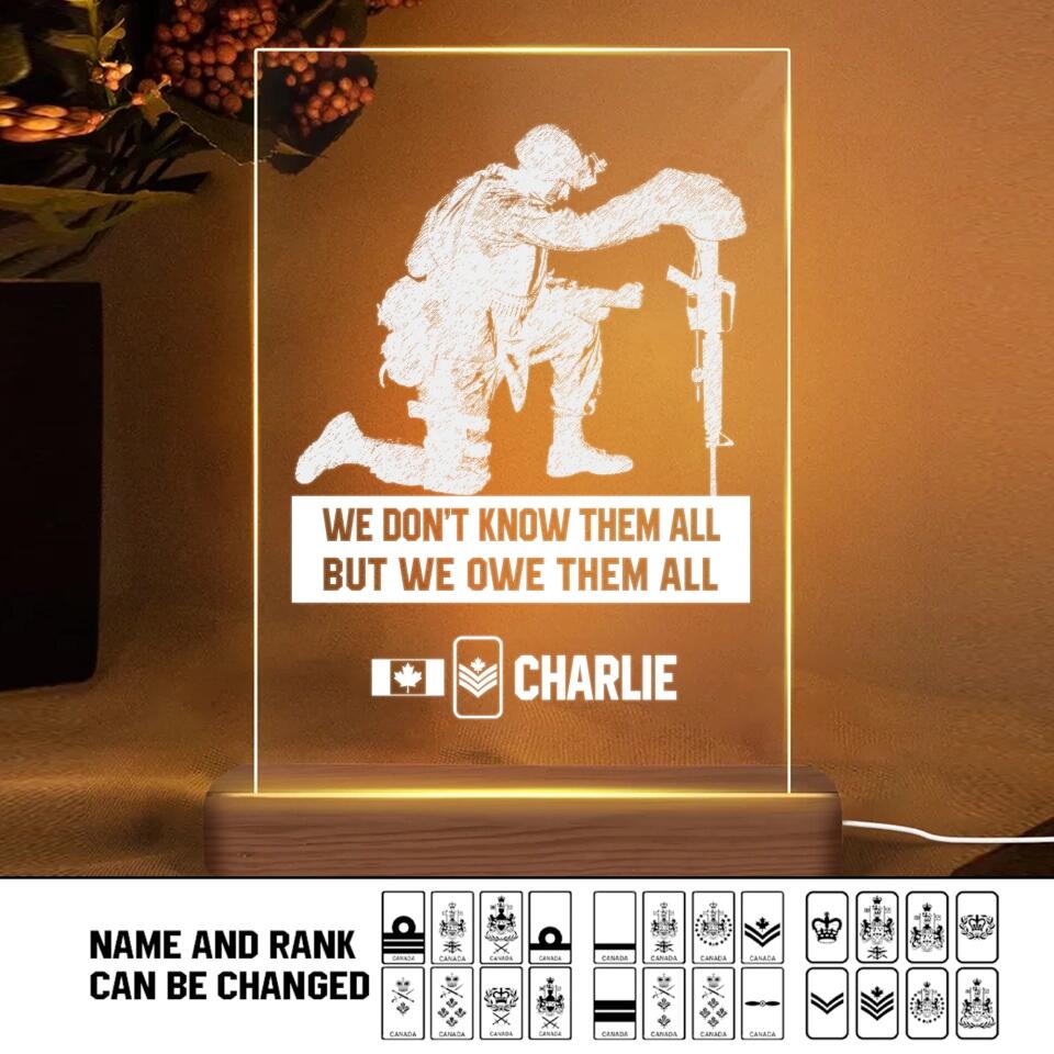 Personalized Canadian Soldier/ Veteran We Don't Know Them All But We Owe Them All Rank Led Lamp Printed 23JAN-HY14