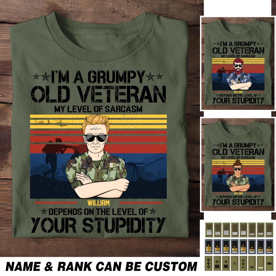 Personalized I'm A Irish Grumpy Old Veteran My Level Sarcasm Depends On The Level Of Your Stupidity Printed Tshirts 23JAN-HQ14