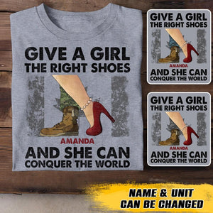 Personalized Canadian Soldier/ Veteran Give A Girl The Right Shoes And She Can Conquer The World Printed Tshirts QTVD1701