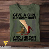 Personalized Canadian Soldier/ Veteran Give A Girl The Right Shoes And She Can Conquer The World Printed Tshirts QTVD1701