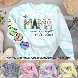 Personalized This Grandma Mommy Auntie Nana Wears Her Heart On Her Sleeve Printed Tie Dye Sweater QTDT3101