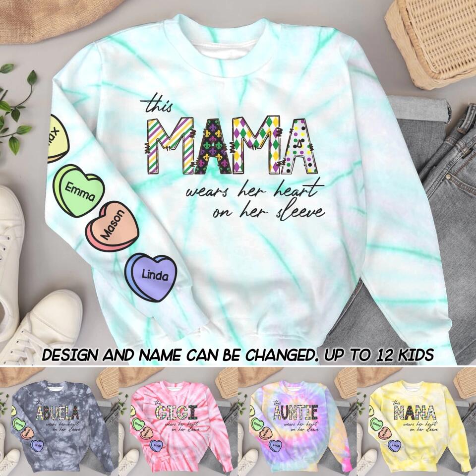 Personalized This Grandma Mommy Auntie Nana Wears Her Heart On Her Sleeve Printed Tie Dye Sweater QTDT3101
