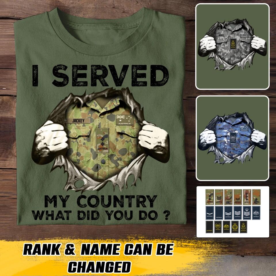 Personalized Australian Soldier/ Veteran I Served My Country What Did You Do Printed Tshirts 23JAN-HQ31