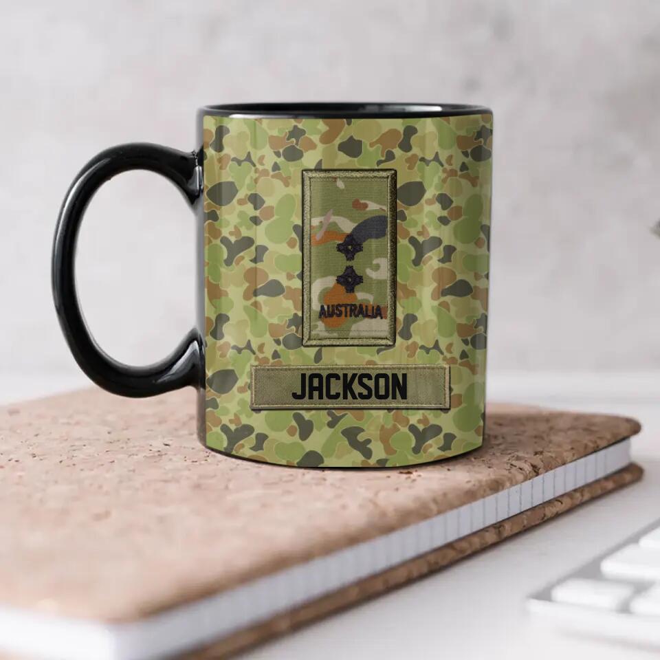 Personalized Australian Soldier/ Veteran Rank Flag Camo Black Mug Printed 23FEB-HQ01