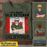 Personalized I'm A Grumpy Canadian Old Veteran My Level Of Sarcasm Depends On Your Level Of Stupidity Rank Camo Printed Tshirts 23FEB-DT02