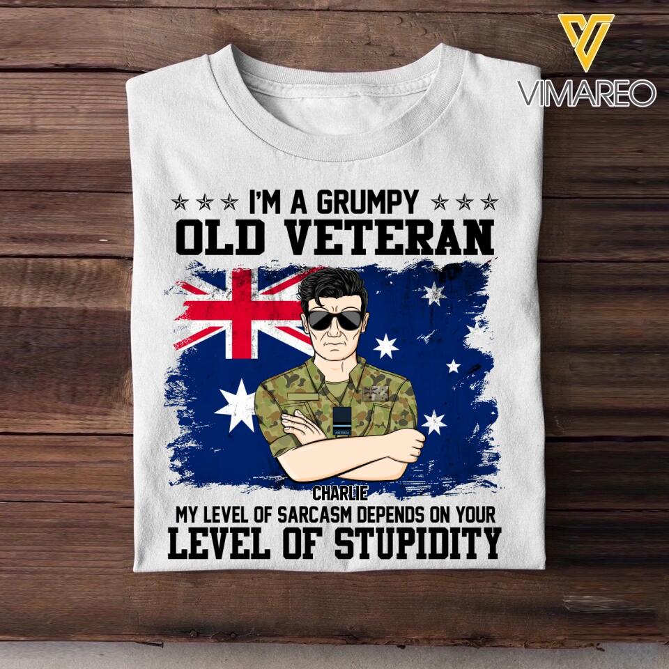 Personalized I'm A Grumpy Australian Old Veteran My Level Of Sarcasm Depends On Your Level Of Stupidity Rank Camo Printed Tshirts 23FEB-DT02