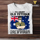 Personalized I'm A Grumpy Australian Old Veteran My Level Of Sarcasm Depends On Your Level Of Stupidity Rank Camo Printed Tshirts 23FEB-DT02