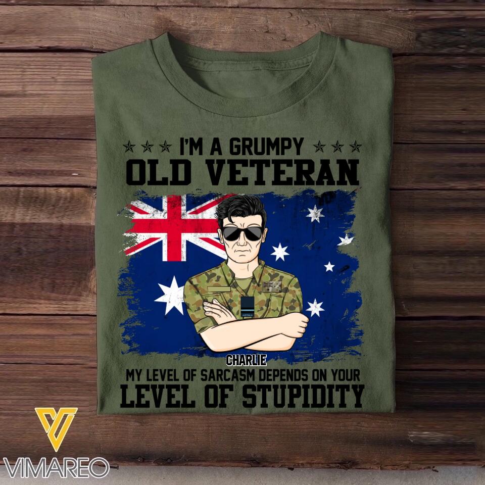 Personalized I'm A Grumpy Australian Old Veteran My Level Of Sarcasm Depends On Your Level Of Stupidity Rank Camo Printed Tshirts 23FEB-DT02
