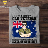 Personalized I'm A Grumpy Australian Old Veteran My Level Of Sarcasm Depends On Your Level Of Stupidity Rank Camo Printed Tshirts 23FEB-DT02